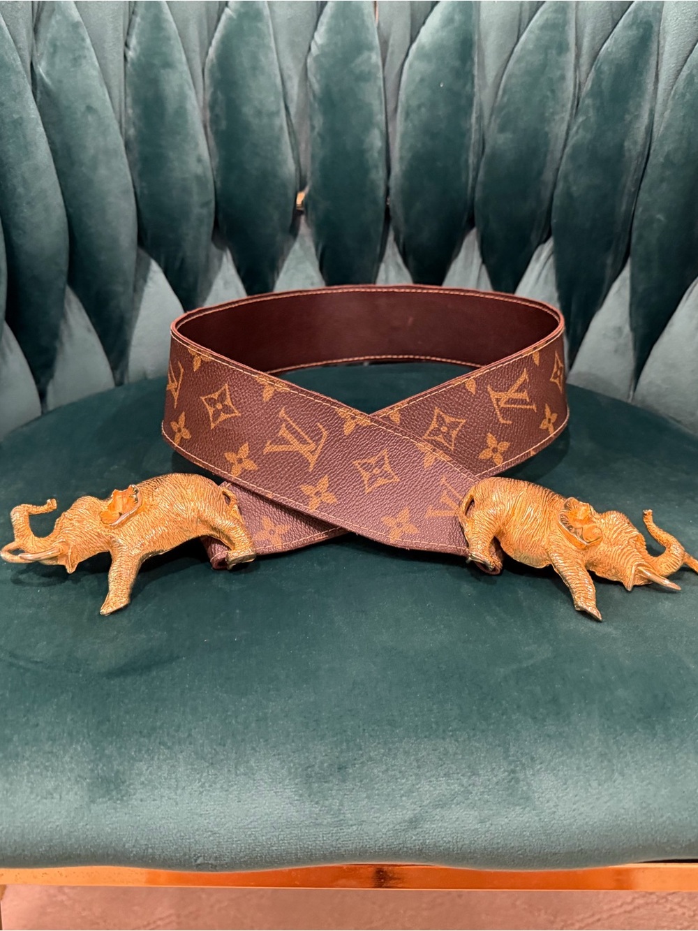 Louis Vuitton Brown Monogram Canvas Belt with Gold Elephant Buckles